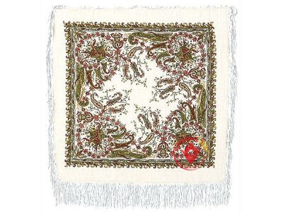Павлопосадский шерстяной платок с шелковой бахромой «Балаганчик», рисунок 203-3