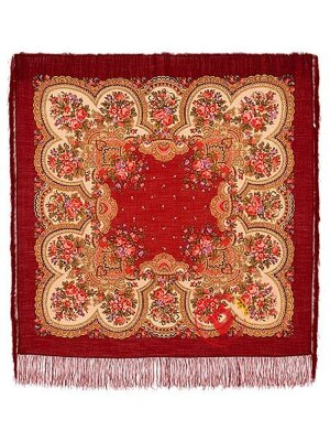 Павлопосадский шерстяной платок с шелковой бахромой «Душевный разговор», рисунок 1113-5