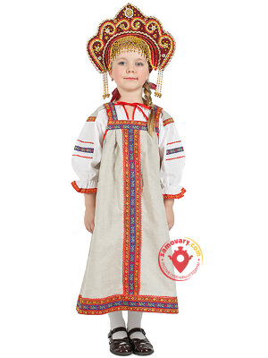 Русский народный костюм "Забава" для девочки льняной бежевый сарафан и блузка